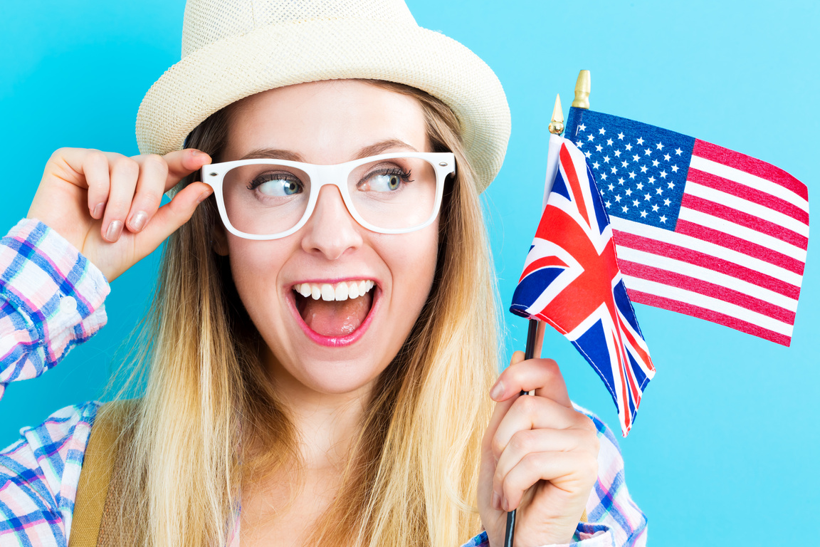 Woman with flags of English speaking countries